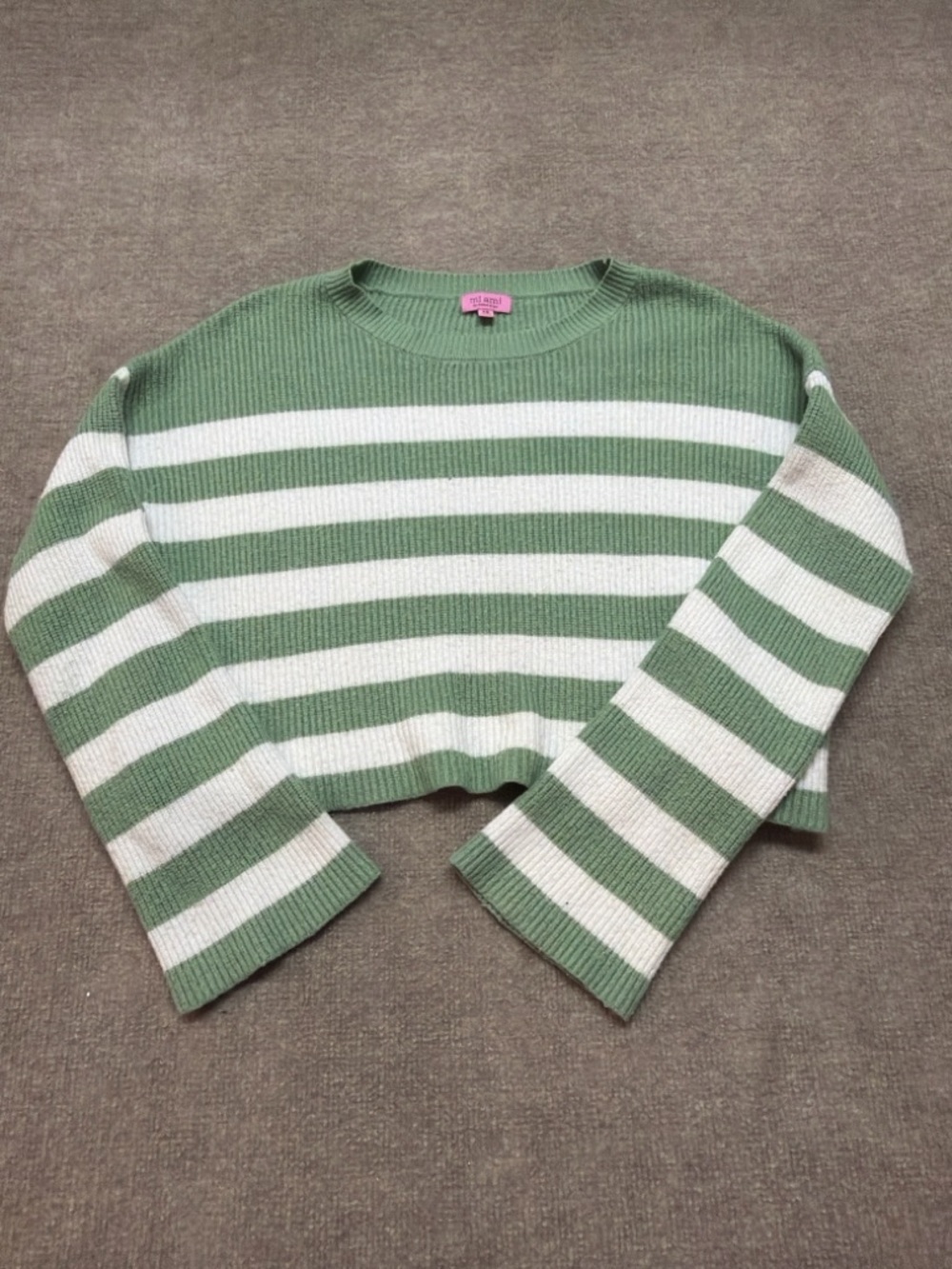mi ami Striped Cropped Sweater Green White Ribbed Knit Long Sleeve Size XS 0861